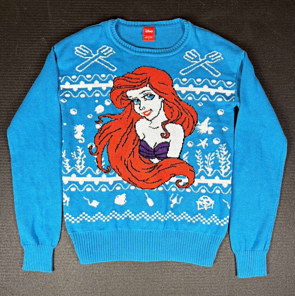 Disney Little Mermaid Ariel Christmas Sweater Womens S Blue Fair Isle